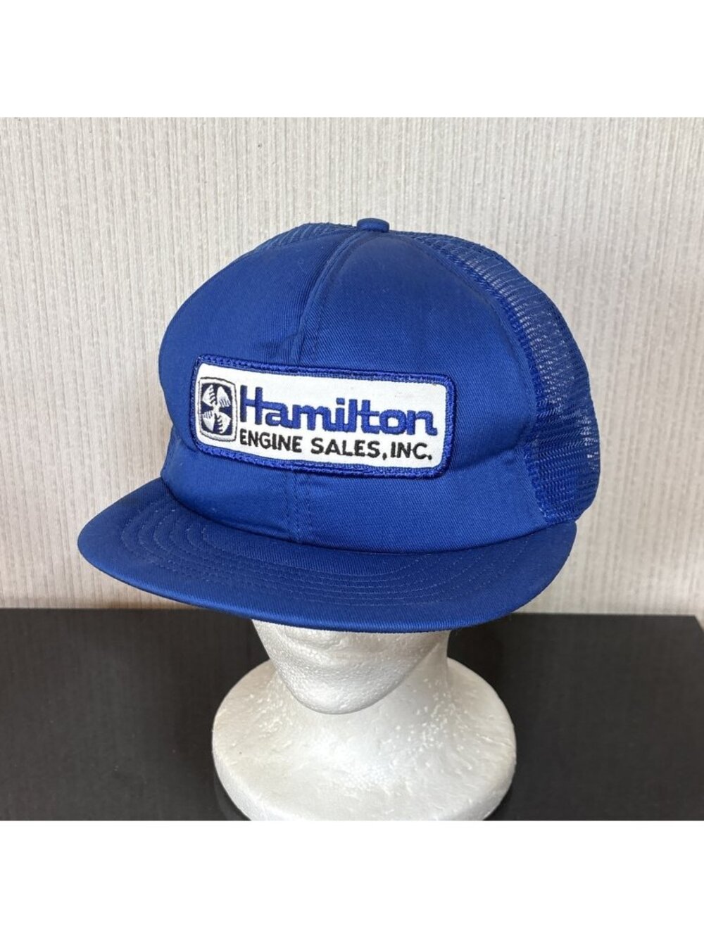 Vtg Hamilton Engine Sales Trucker Hat Foam Back 6 Panel Blue Mesh 80s USA